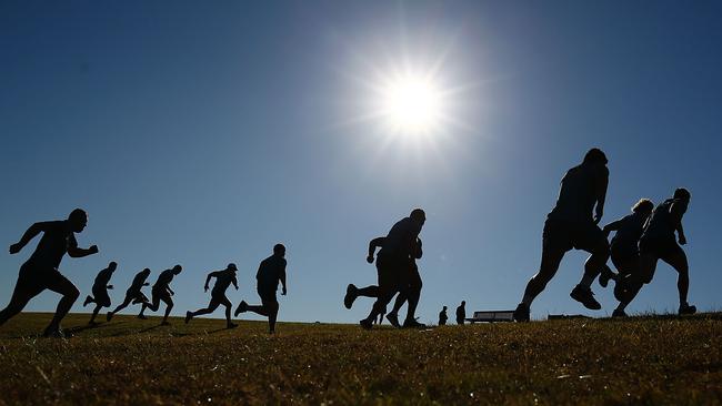 Wallabies players hit the hills at Sydney Park.