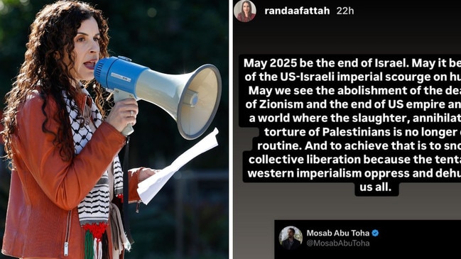 Randa Abdel-Fattah, pictured earlier this year, and a post to social media where she wishes for the 'end of Israel'.