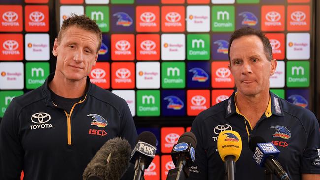 Adelaide Crows football manager Brett Burton and Adelaide Crows senior coach Don Pyke speak to the media during a press conference at AAMI Stadium on Saturday. Picture: Daniel Kalisz/Getty Images