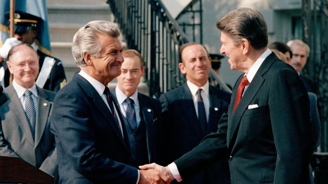 Bob Hawke welcomed by US President Ronald Reagan at the White House, Washington, February 1985. Picture: National Archives of Australia