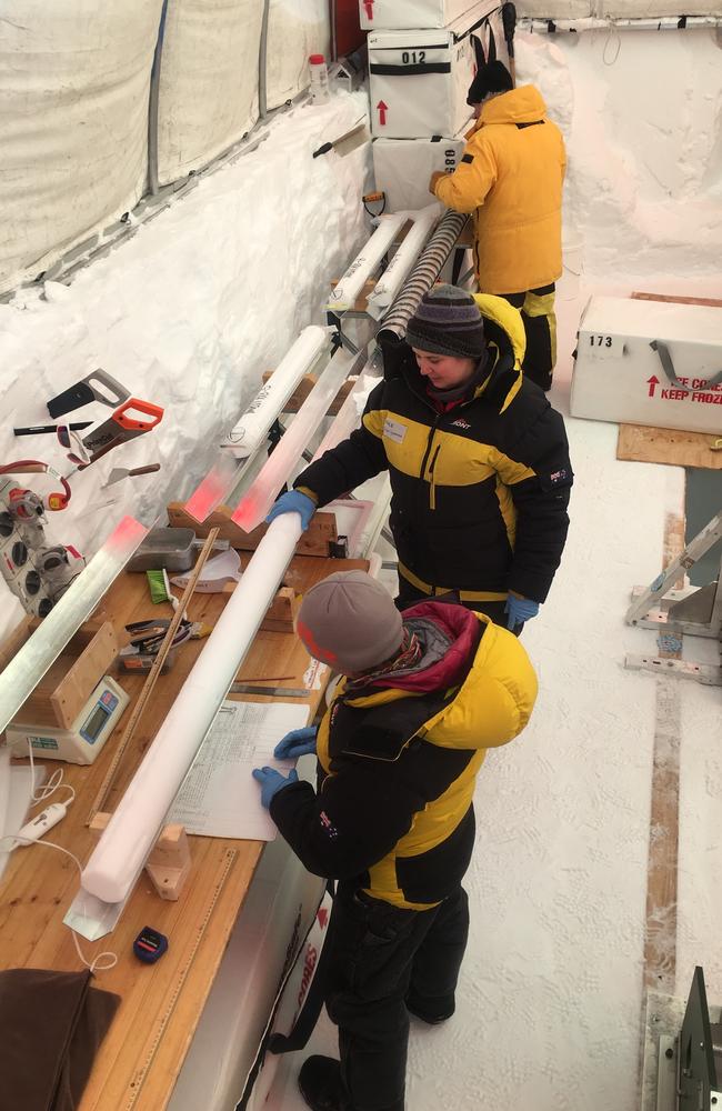 Scientists at Mount Brown South in Antarctica working on Antarctic ice core samples. Picture: Supplied.