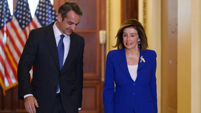 Greek Prime Minister Kyriakos Mitsotakis with Nancy Pelosi on Capitol Hill in Washington. Picture: AFP