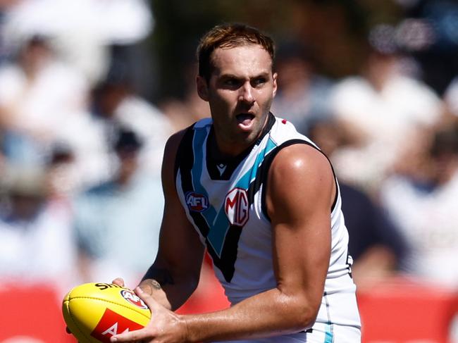 MELBOURNE, AUSTRALIA - MARCH 01: Jeremy Finlayson of the Power in action during the 2025 AFL AAMI Community Series match between the St Kilda Saints and the Port Adelaide Power at RSEA Park on March 1, 2025 in Melbourne, Australia. (Photo by Michael Willson/AFL Photos via Getty Images)