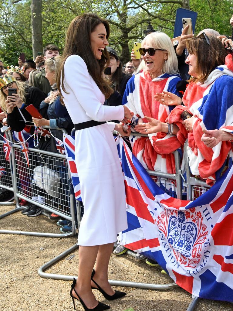 She opted for a white Jenny Packham dress on Friday. Picture: Toby Melville – WPA Pool/Getty Images