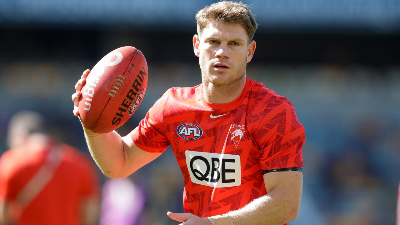 BRISBANE, AUSTRALIA - JULY 21: Taylor Adams of the Swans warms up prior to the 2024 AFL Round 19 match between the Brisbane Lions and the Sydney Swans at The Gabba on July 21, 2024 in Brisbane, Australia. (Photo by Russell Freeman/AFL Photos via Getty Images)