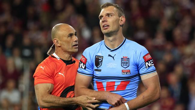 Tom Trbojevic injured during Game 2 of the State of Origin 2023, Queensland V NSW at Suncorp Stadium in Brisbane. Pics Adam Head