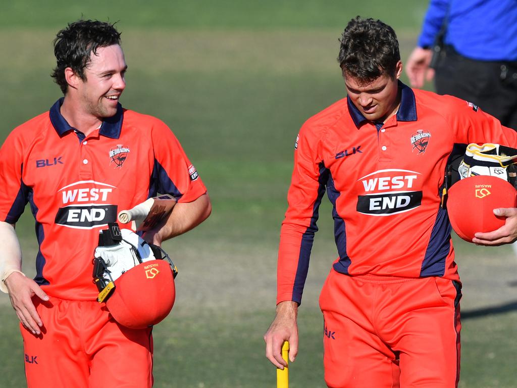 Travis Head and Alex Carey of the Redbacks after the Marsh One Day Cup between SA and TAS at Karen Rolton Oval in Adelaide, Tuesday, October 1, 2019. (AAP Image/David Mariuz) NO ARCHIVING, EDITORIAL USE ONLY, IMAGES TO BE USED FOR NEWS REPORTING PURPOSES ONLY, NO COMMERCIAL USE WHATSOEVER, NO USE IN BOOKS WITHOUT PRIOR WRITTEN CONSENT FROM AAP