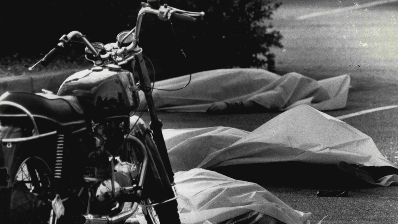 The bodies of bikies in the carpark of the Viking Tavern at Milperra in Sydney.