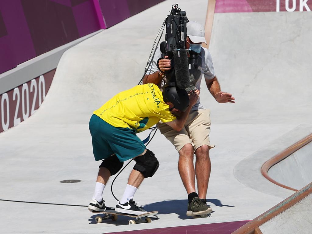 Kieran Woolley of Team Australia crashed into a TV Cameraman during the Men's Skateboarding Park Preliminary Heat 3. Picture: Jamie Squire/Getty Images