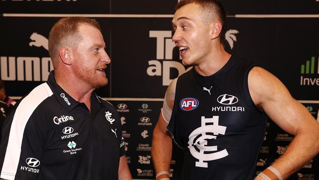 New coach Michael Voss with his bullocking midfielder and club skipper. Picture: Michael Klein