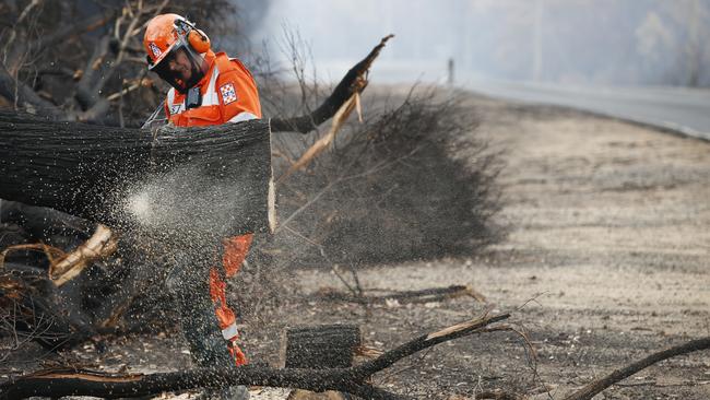 SES volunteer Alex Ziolkowski cuts up fallen trees on the Genoa-Mallacoota road, the only road out of town. Picture: David Caird