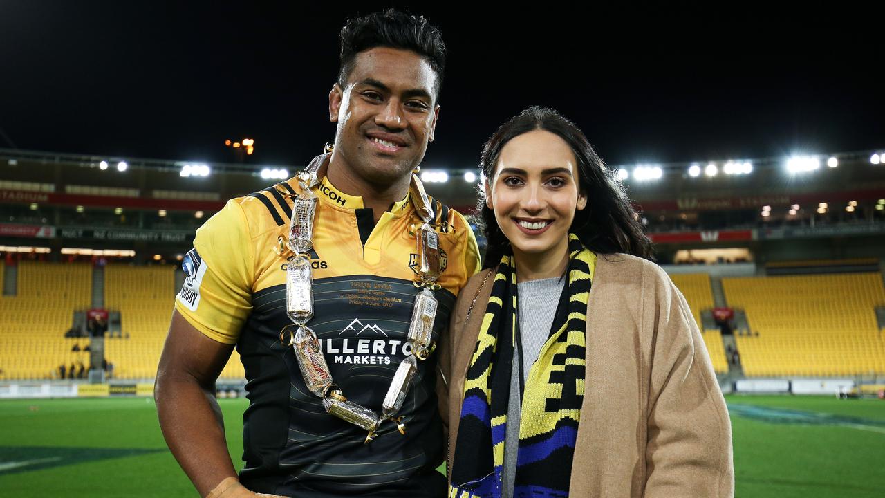 Julian Savea of the Hurricanes and wife Fatima celebrate his 100th Super Rugby game.