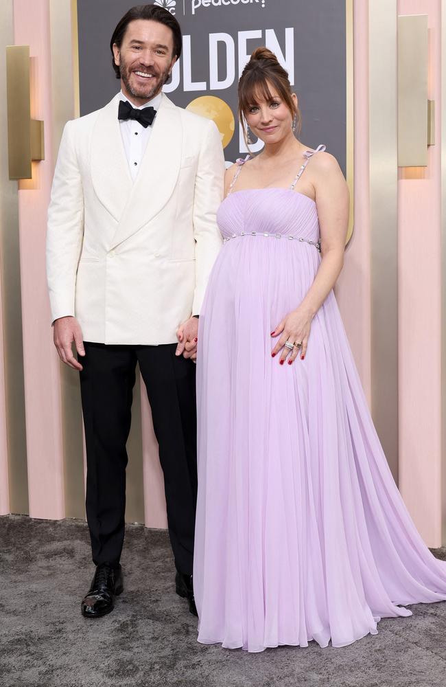 Tom Pelphrey and a pregnant Kaley Cuoco at the Golden Globe Awards in January. Picture: Amy Sussman/Getty Images via AFP