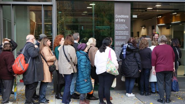 People line up at court in Morwell for the Erin Patterson's trial over the alleged poisoning deaths of three people with a beef wellington meal. Picture: NewsWire/ David Crosling