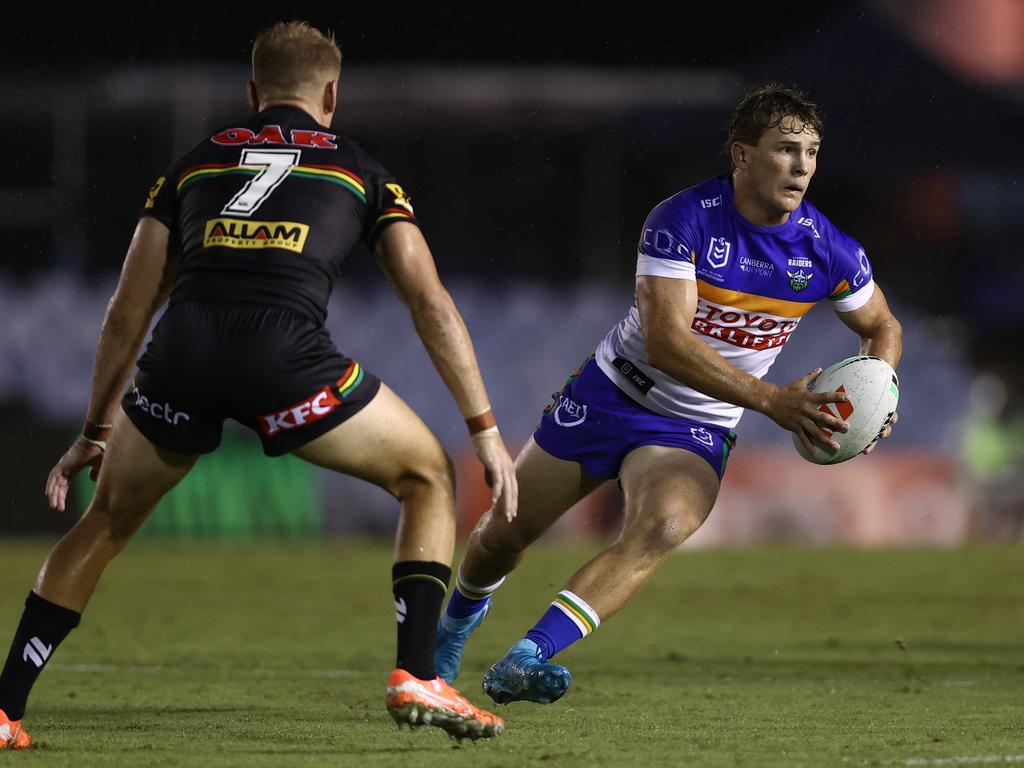 Owen Pattie on the attack for the Canberra Raiders during the NRL pre-season match against the Penrith Panthers on February 8. (Photo by Jason McCawley/Getty Images)