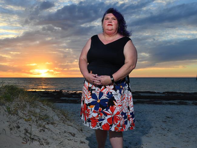 Aged care nurse  Sharon Lawrence poses at Largs Bay jetty Tuesday February,16,2021.Picture Mark Brake