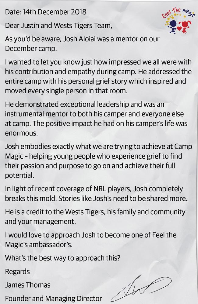 The letter from charity Feel The Magic to the Wests Tigers.