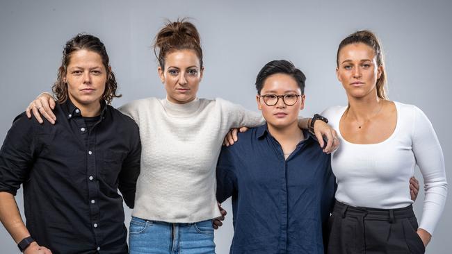 Richelle Cranston, Steph Chiocci, Amanda Ling, and Ruby Schleicher still vividly remember the first AFLW match in 2017. Picture: Jake Nowakowski