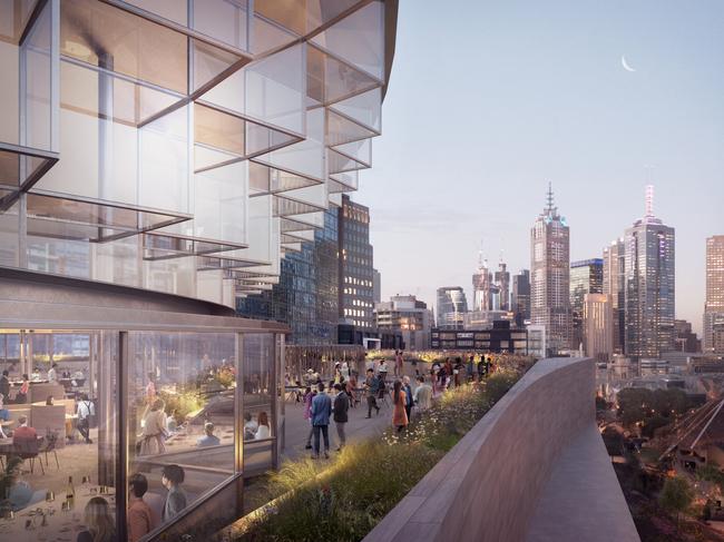 Aerial render of winning concept design for NGV Contemporary by Angelo Candalepas and Associates, rooftop terrace and restaurant at dusk.Render by Darcstudio.