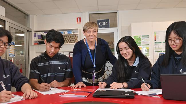 Principal of Parafield Gardens High School, Kirsty Amos with students Mikey, Thanakoudom, Tamanna and Lalkross. Picture: Keryn Stevens