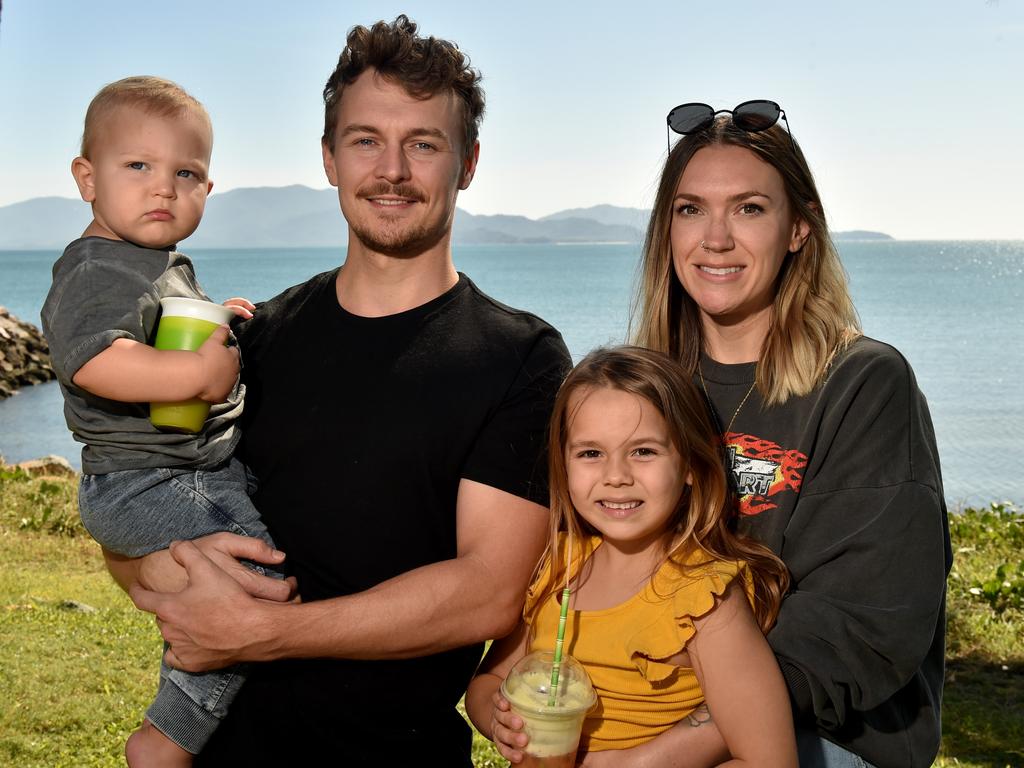 Townsville residents relaxing on the Strand after the relaxation of COVID-19 restrictions. Dean and Amber Arnold with Ronin, 2, and Chloe, 7. Picture: Evan Morgan