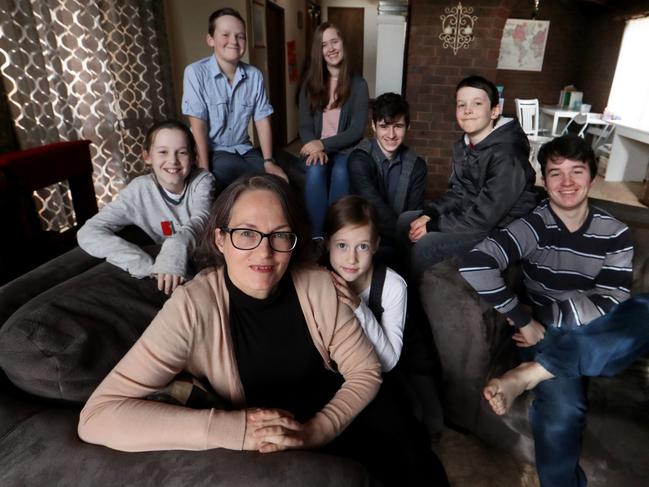 29/06/2018 Anti abortion campaigner Kathy Clubb with her children Miriam 9, Tobias 11, Eva 14 , Danielle 7, Lucien 16,  Matthew 9 and  Elijah 17, at their home in Montmorency, Melbourne. Picture : David Geraghty / The Australian.