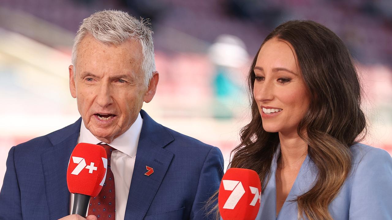 Bruce McAvaney commentates during Cox Plate Day. Photo by Kelly Defina/Getty Images.