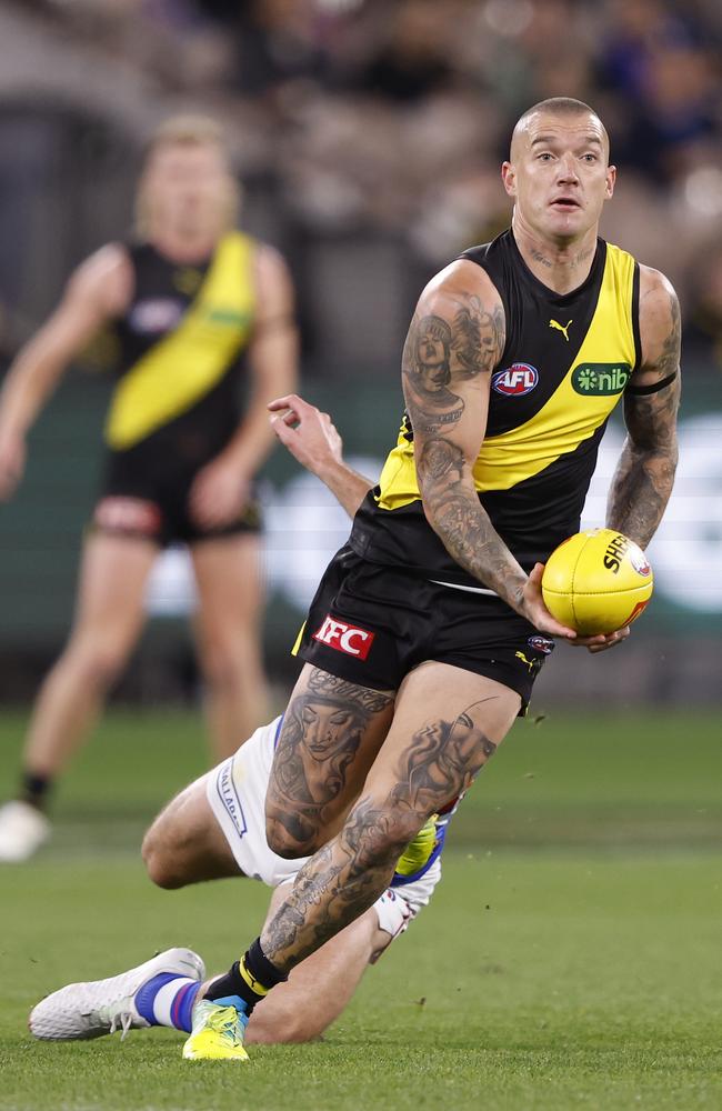 How do the Tigers handle the end of Dustin Martin‘s incredible career? Picture: Darrian Traynor/AFL Photos/via Getty Images.