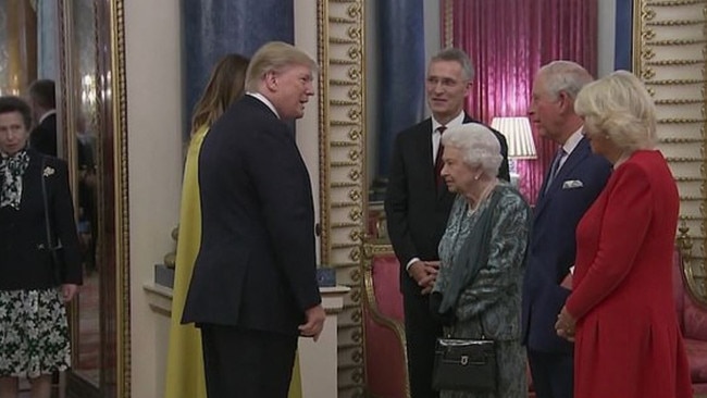 Anne looks on as the Queen greets the Trumps alongside Prince Charles and Camilla. Picture: YouTube