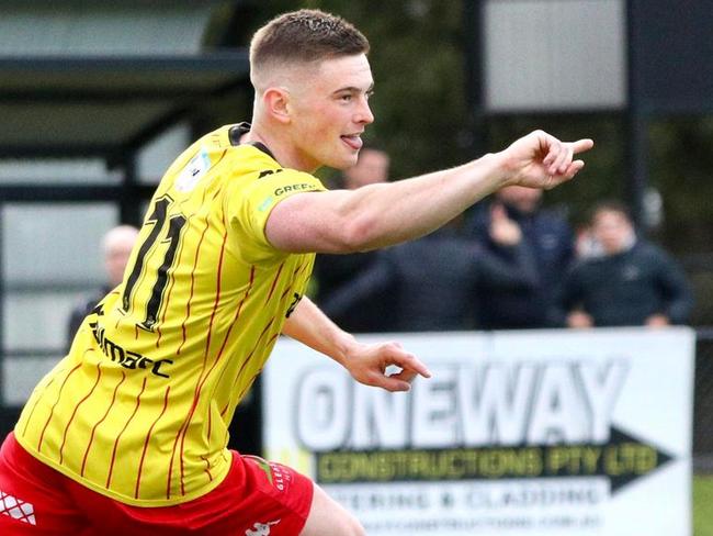 Josh Whiteley celebrates a goal for Caroline Springs George Cross. Picture: Matt Morden