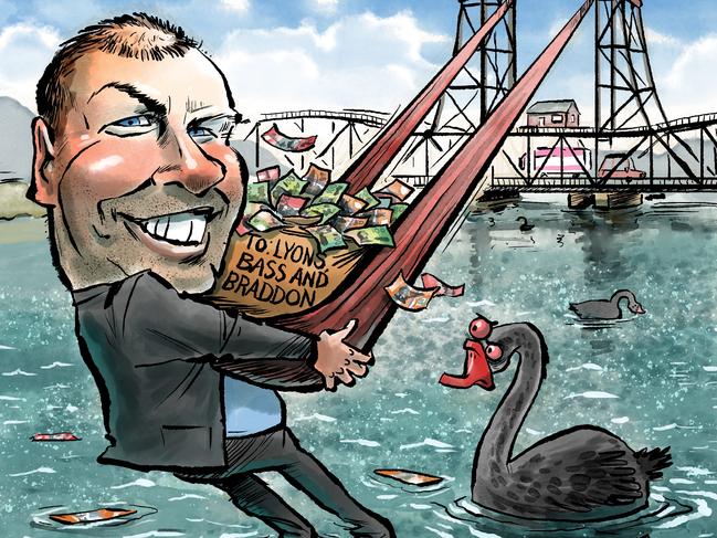 Federal Treasurer Josh Frydenberg uses the Bridgewater Bridge to slingshot money to Lyons, Bass and Braddon. Image: CHRIS DOWNES