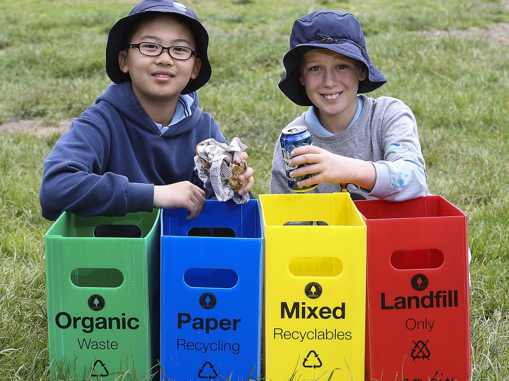 Melbourne Water Kids Teaching Kids Conference at Collingwood Children's Farm. Vermont Primary School students Eric and Patrick with their recycling workshop.Picture : Ian Currie