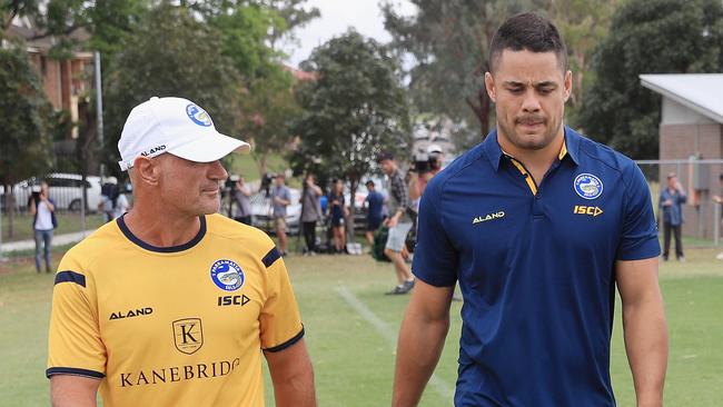 SYDNEY, AUSTRALIA - JANUARY 03:  Jarryd Hayne  and Coach Brad Arthur (L) after a press conference after  Parramatta Eels training at Old Saleyards Reserve on January 3, 2018 in Sydney, Australia.  (Photo by Mark Evans/Getty Images)