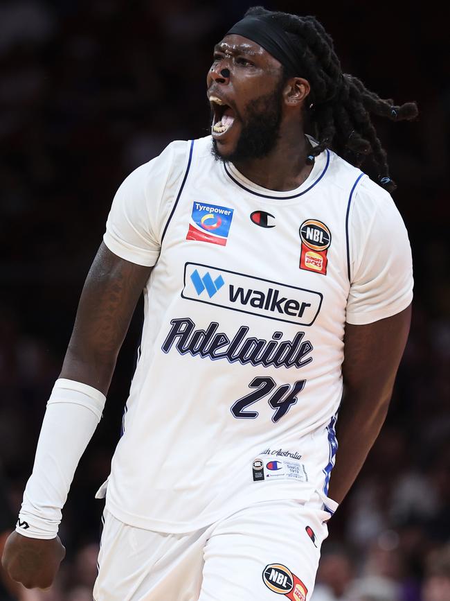 Montrezl Harrell of the 36ers celebrates during the NBL Play-In Qualifier match between Sydney Kings and Adelaide 36ers at Qudos Bank Arena, on February 13, 2025, in Sydney, Australia. Picture: Matt King/Getty Images