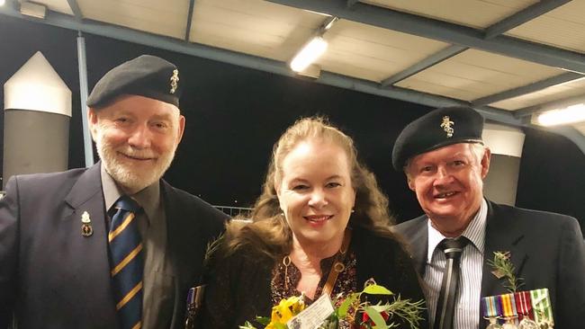 Retired servicemen Victor Blake of Ormiston, Allan Morrison of Thornlands who served together in the 3rd Calvary Regiment along with Sheena Hewlett representing Deputy Mayor Lance Hewlett at the Dawn Service on Coochiemudlo Island. Picture: supplied 