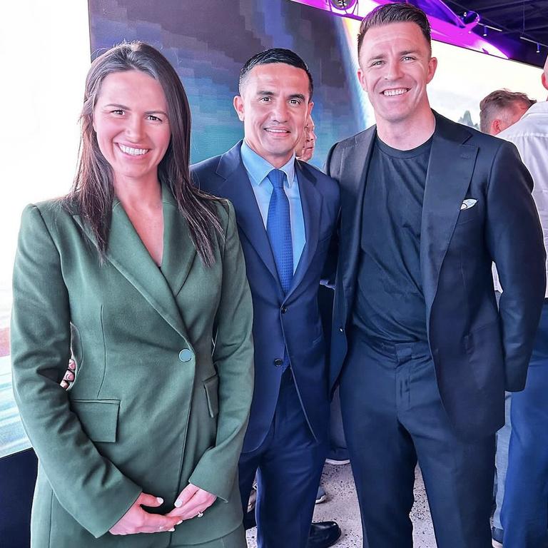 Mason, Socceroos legend Tim Cahill and Liubinskas at the BYD launch this month. Picture: Instagram