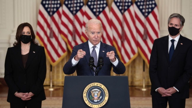 US President Joe Biden has promised to get all Americans home from Afghanistan in a media address flanked by Vice President Kamala Harris and Secretary of State Antony Blinken. Picture: Getty Images