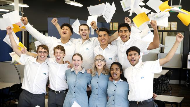 Cranbourne East Secondary students celebrating their VCE scores. Picture: David Caird