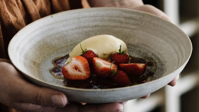 Strawberries with baked custard and Otway walnuts. Picture: Marnie Hawson.