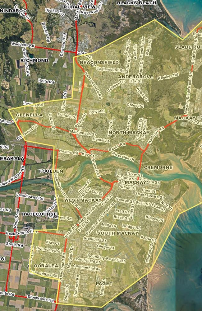 The map indicates those suburbs where residents are being asked to reduce water usage during a major repair on Saturday, June 4, from 6pm until 8am Sunday, June 5. Picture: Mackay Regional Council.