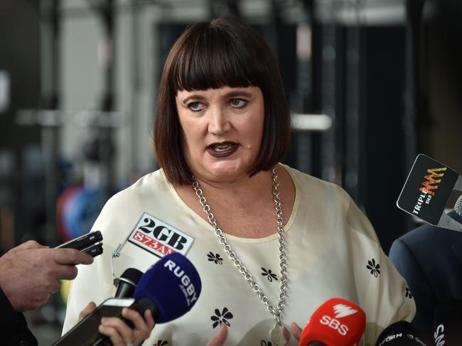 Rugby Australia chief executive Raelene Castle speaks to the media after meeting with Australia Wallabies star Israel Folau about the impact of his anti-gay comments on social media, at the Rugby Union headquarters in Sydney on April 10, 2018. Folau agreed "to think about" the impact of his anti-gay comments on social media, but he did not commit to stop making them after a meeting with rugby bosses on April 10. / AFP PHOTO / PETER PARKS / --IMAGE RESTRICTED TO EDITORIAL USE - STRICTLY NO COMMERCIAL USE--