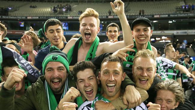 Scott McDonald of Western United FC celebrates with the fans after scoring the winner during the Round 4 A-League match between Melbourne Victory and Western United FC at Marvel Stadium in Melbourne, Saturday, November 2, 2019. (AAP Image/George Salpigtidis) NO ARCHIVING, EDITORIAL USE ONLY