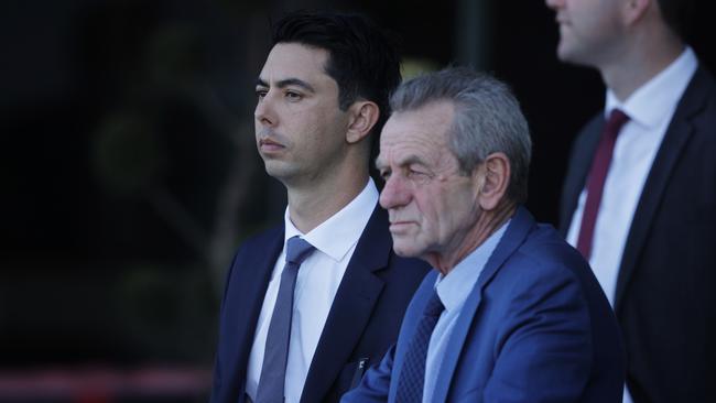 SYDNEY, AUSTRALIA - AUGUST 29: Training partners Sterling Alexiou and Gerald Ryan look on during Sydney Racing at Rosehill Gardens on August 29, 2020 in Sydney, Australia. (Photo by Mark Evans/Getty Images)