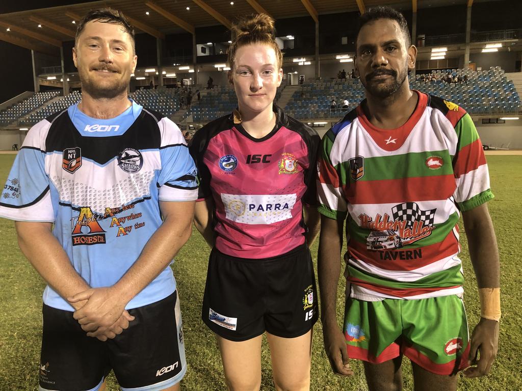 Olivia Lawne with the captains of Northern Sharks and South Darwin following the NRL NT A-Grade match.