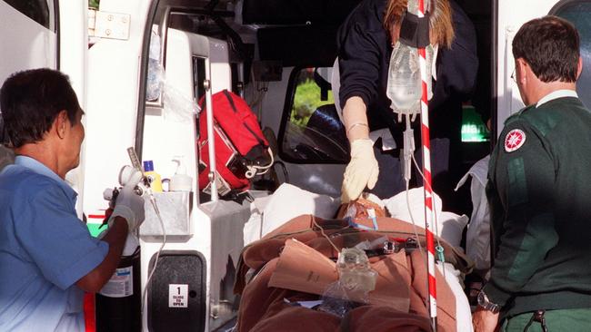 Ambulance crew with their Balinese patient at Royal Perth Hospital. Picture: Gary Merrin