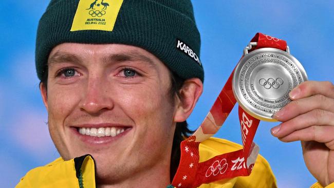 Australian silver medallist Scotty James on the podium after the snowboard men's half-pipe competition at the Beijing 2022 Winter Olympic Games. Picture: AFP