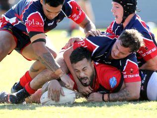 Mudgeeraba Redbacks v Runaway Bay Seagulls. Reserve Grade.Thomas Tapu scoring a try.9 May 2021 Mudgeeraba Picture by Richard Gosling