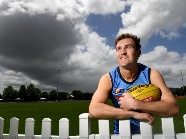 Sturt footballer and AFL draft prospect Tom Emmett at Unley Oval in full Sturt playing gear, pictured 21st November, 2022. Tricia Watkinson