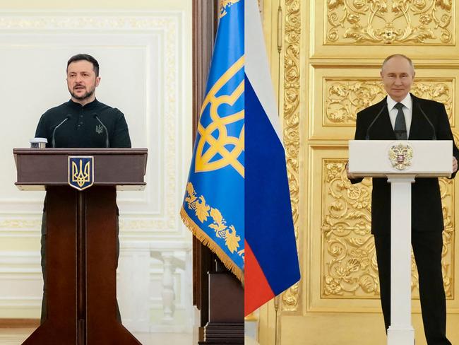 (COMBO) This combination of files pictures created on may 12, 2025 shows (L) a handout photograph taken and released by the Ukrainian Presidential Press Service on March 25, 2025, showing Ukraine's President Volodymyr Zelensky addressing Security Service officers during a ceremony marking the 33rd anniversary of the Security Service of Ukraine in Kyiv and (R) a pool photograph distributed by the Russian state agency Sputnik, Russia's President Vladimir Putin giving a speech during a state awards ceremony for Russian Paralympians, medallists from the Paris 2024 Paralympic Games at the Kremlin in Moscow on December 16, 2024. Following the visit of the leaders of France, Germany, Poland and the UK to Kyiv, where they called for Russia to agree to an unconditional 30-day ceasefire to allow for peace talks -- a proposal they said was backed by the US, Russian President Vladimir Putin May 11, 2025 proposed direct negotiations with Ukraine in Istanbul on May 15, but did not respond to the European call for a 30-day ceasefire. Ukrainian President Volodymyr Zelensky said he would be prepared to meet Putin in Turkey, but did not say whether he would still attend if Russia refused the European proposal. (Photo by KRISTINA KORMILITSYNA and Handout / various sources / AFP) / XGTY / RESTRICTED TO EDITORIAL USE - MANDATORY CREDIT 