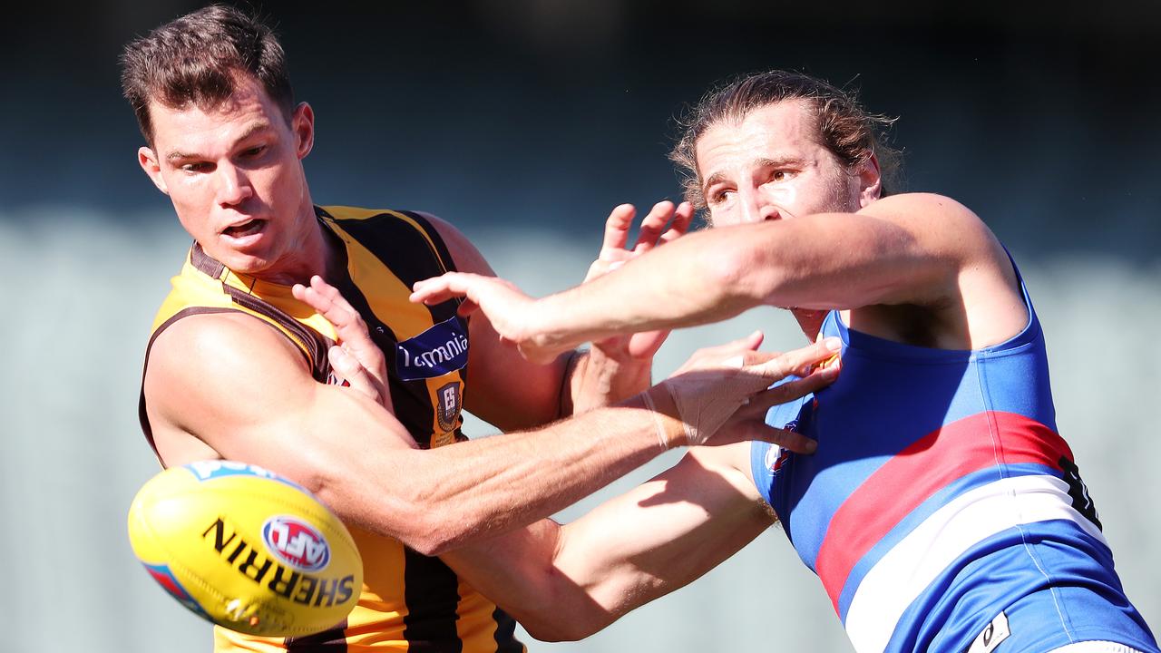 Hawk Jaeger O'Meara and Western Bulldogs skipper Marcus Bontempelli. Picture: Sarah Reed